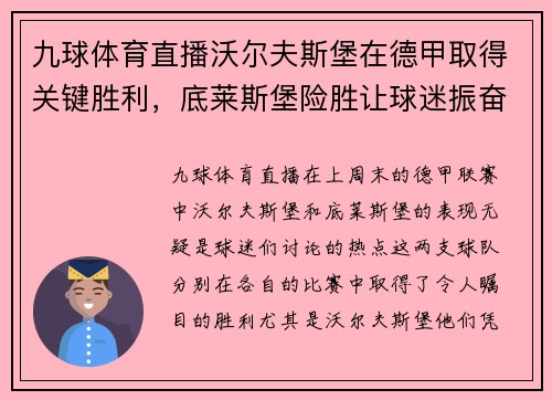 九球体育直播沃尔夫斯堡在德甲取得关键胜利，底莱斯堡险胜让球迷振奋