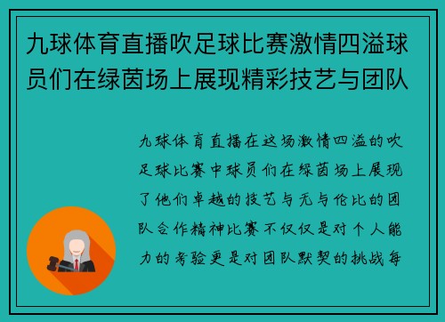 九球体育直播吹足球比赛激情四溢球员们在绿茵场上展现精彩技艺与团队合作精神
