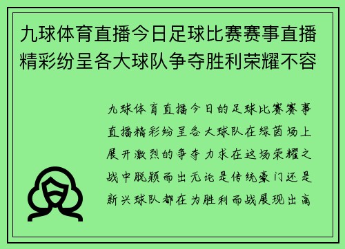 九球体育直播今日足球比赛赛事直播精彩纷呈各大球队争夺胜利荣耀不容错过