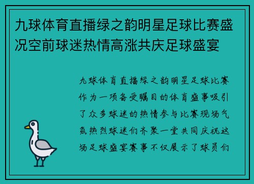 九球体育直播绿之韵明星足球比赛盛况空前球迷热情高涨共庆足球盛宴