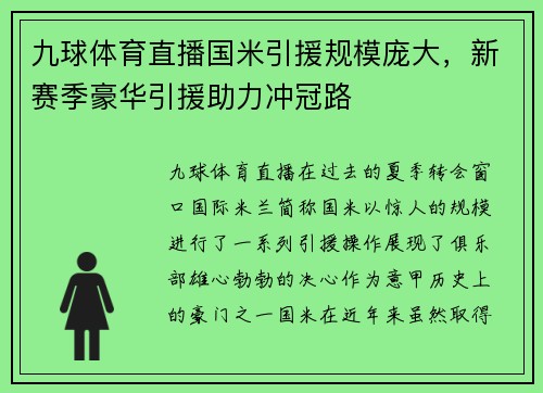 九球体育直播国米引援规模庞大，新赛季豪华引援助力冲冠路