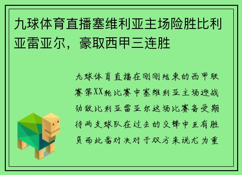 九球体育直播塞维利亚主场险胜比利亚雷亚尔，豪取西甲三连胜